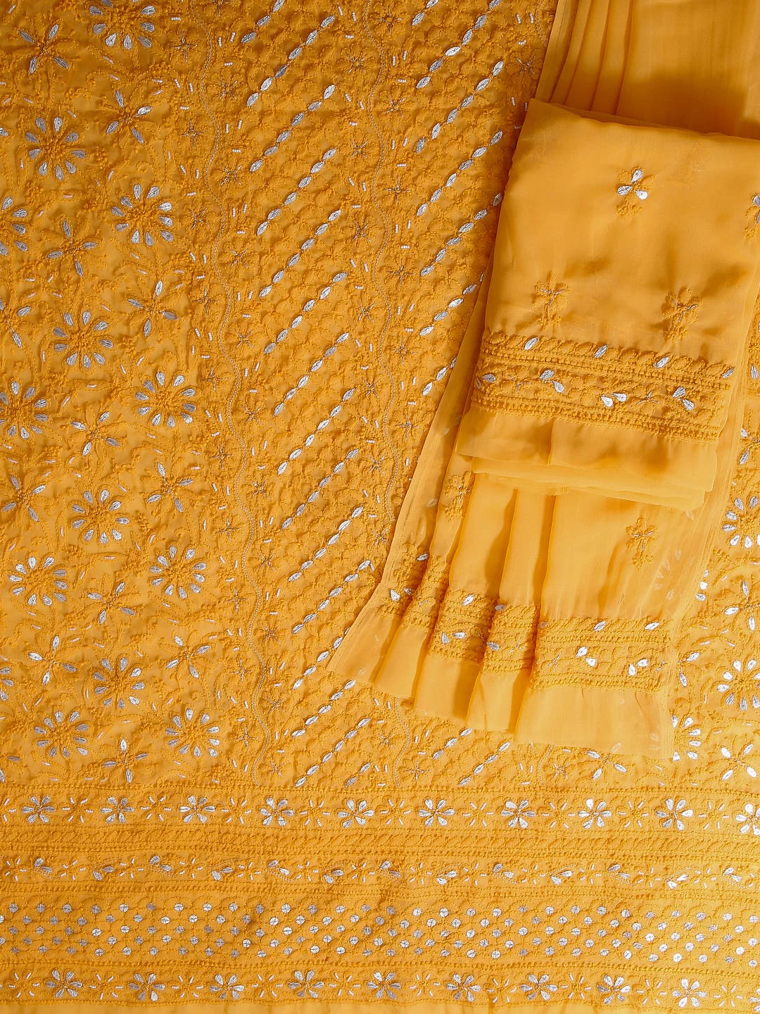 Ada Hand Embroidered Yellow Georgette Lucknowi Chikankari Unstitched Suit Piece With Gotapatti Work 01A409099