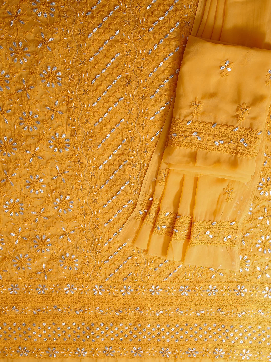 Ada Hand Embroidered Yellow Georgette Lucknowi Chikankari Unstitched Suit Piece With Gotapatti Work 01A409099