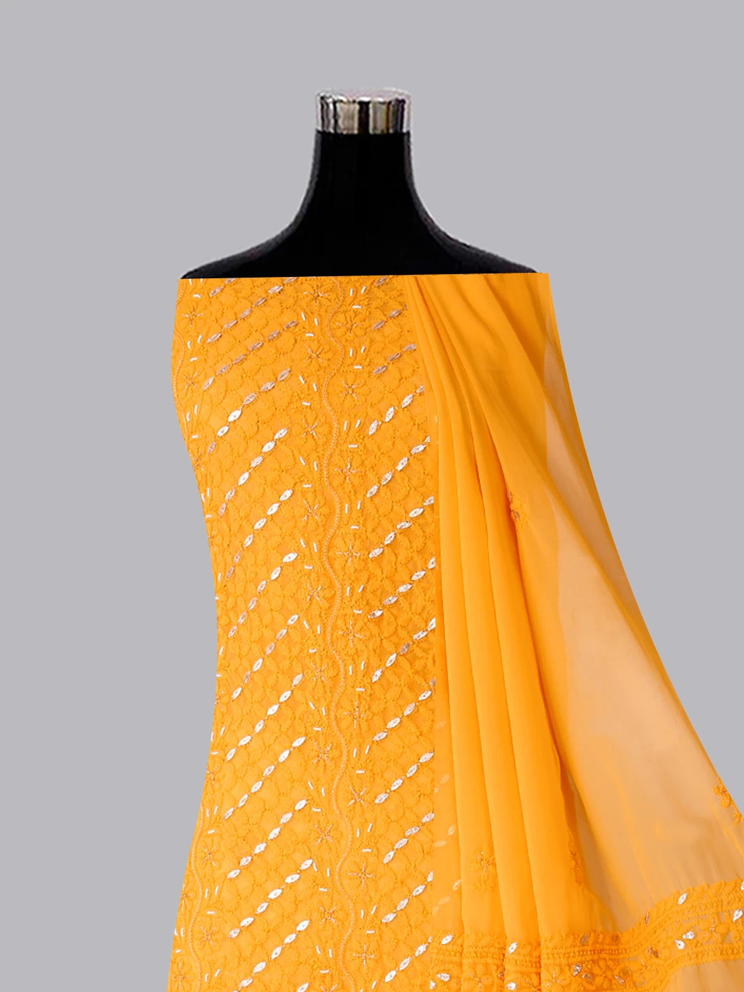 Ada Hand Embroidered Yellow Georgette Lucknowi Chikankari Unstitched Suit Piece With Gotapatti Work 01A409099