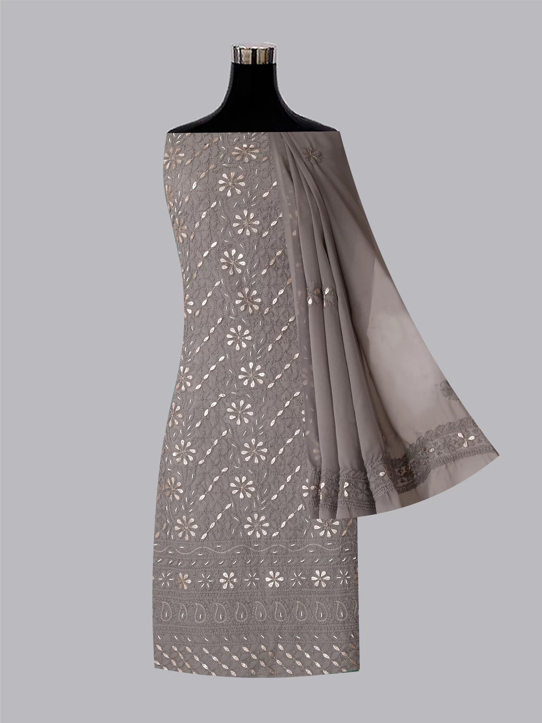 Ada Hand Embroidered Grey Georgette Lucknowi Chikankari Unstitched Suit Piece With Gotapatti Work 01A409094