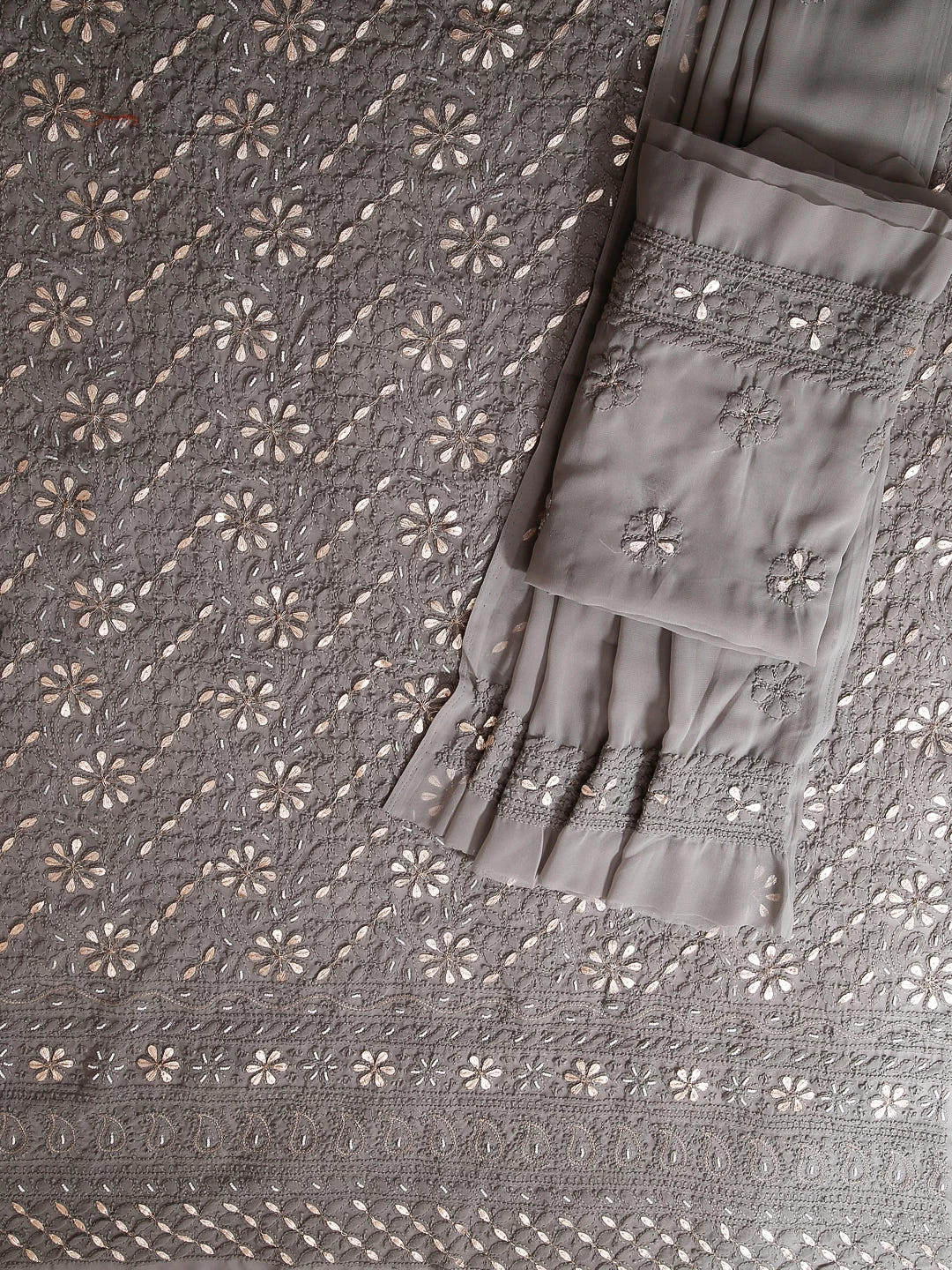Ada Hand Embroidered Grey Georgette Lucknowi Chikankari Unstitched Suit Piece With Gotapatti Work 01A409094