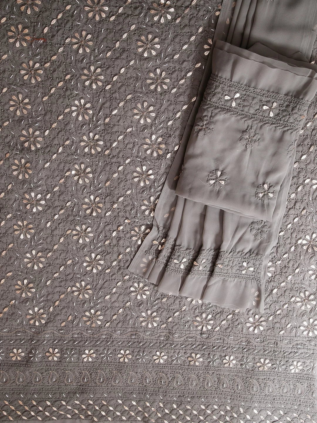 Ada Hand Embroidered Grey Georgette Lucknowi Chikankari Unstitched Suit Piece With Gotapatti Work 01A409094
