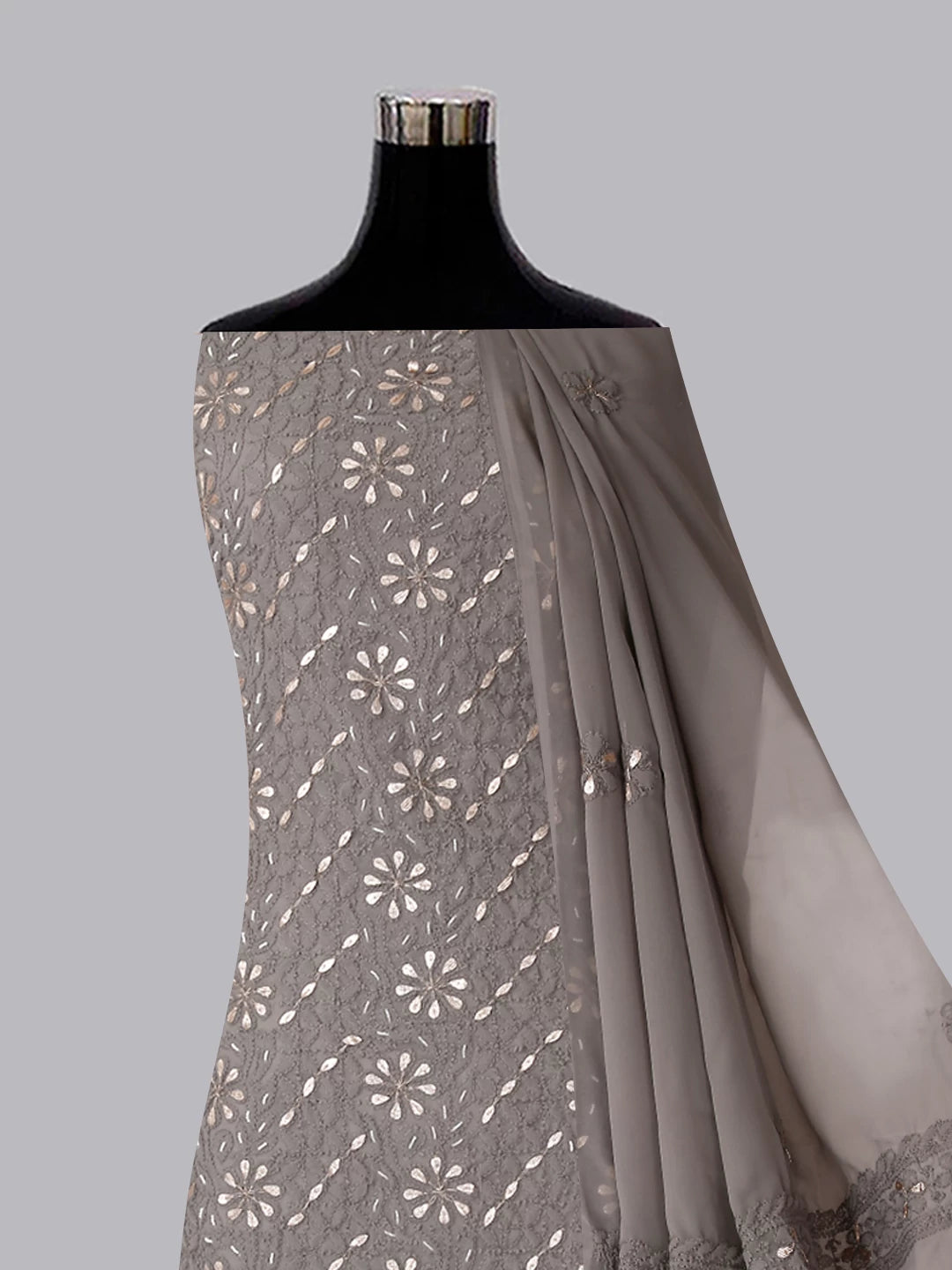 Ada Hand Embroidered Grey Georgette Lucknowi Chikankari Unstitched Suit Piece With Gotapatti Work 01A409094