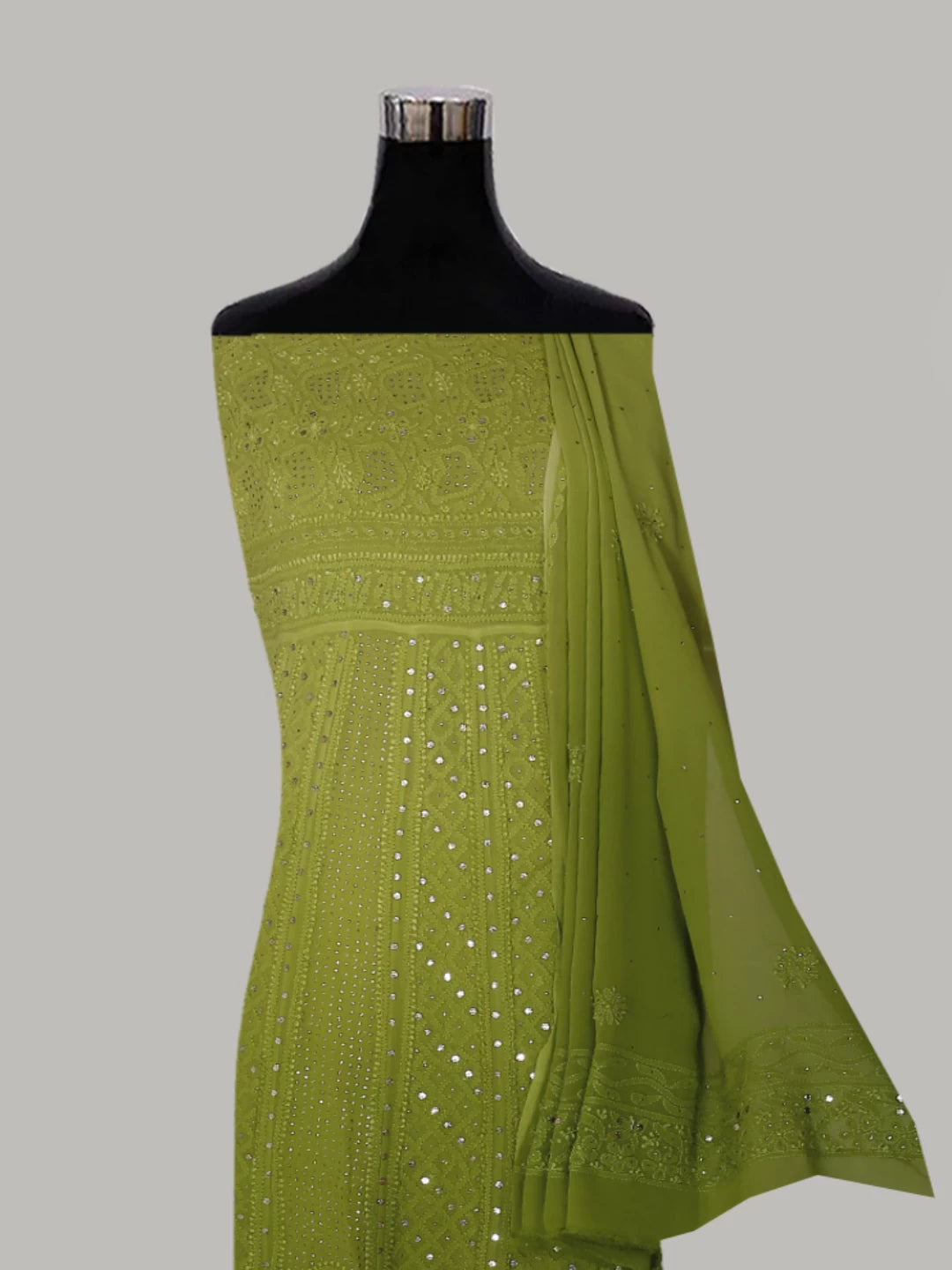 Ada Hand Embroidered Green Ombre Shade Georgette Lucknowi Chikankari Semi-Stitched Anarkali Kurta Dupatta Set With Mukaish Work 01A304813