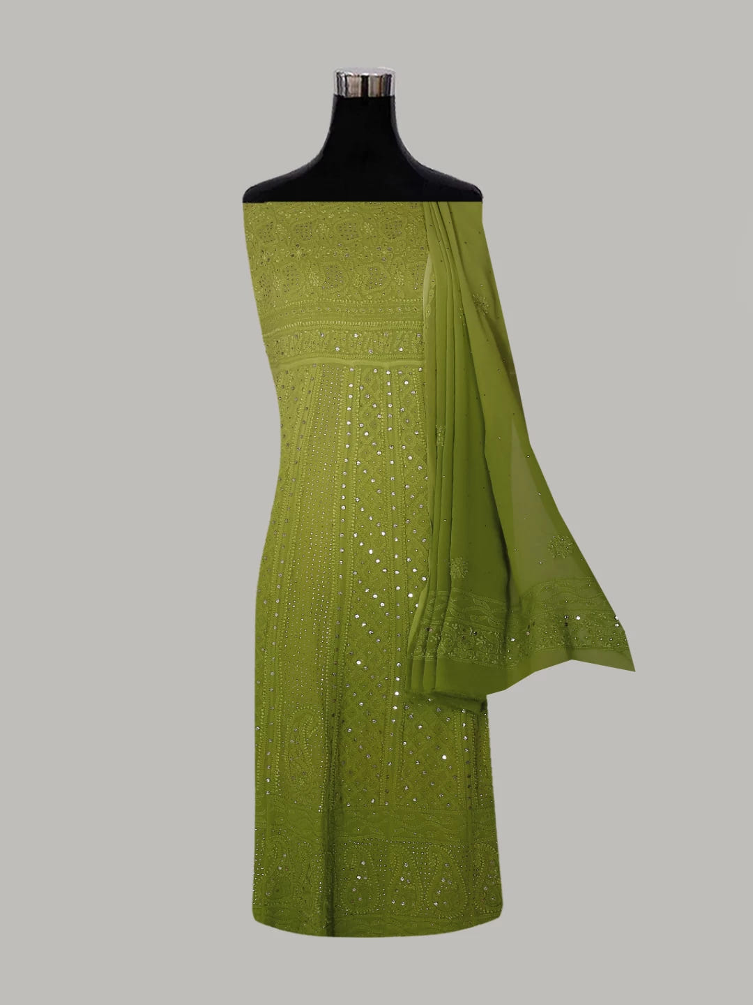 Ada Hand Embroidered Green Ombre Shade Georgette Lucknowi Chikankari Semi-Stitched Anarkali Kurta Dupatta Set With Mukaish Work 01A304813
