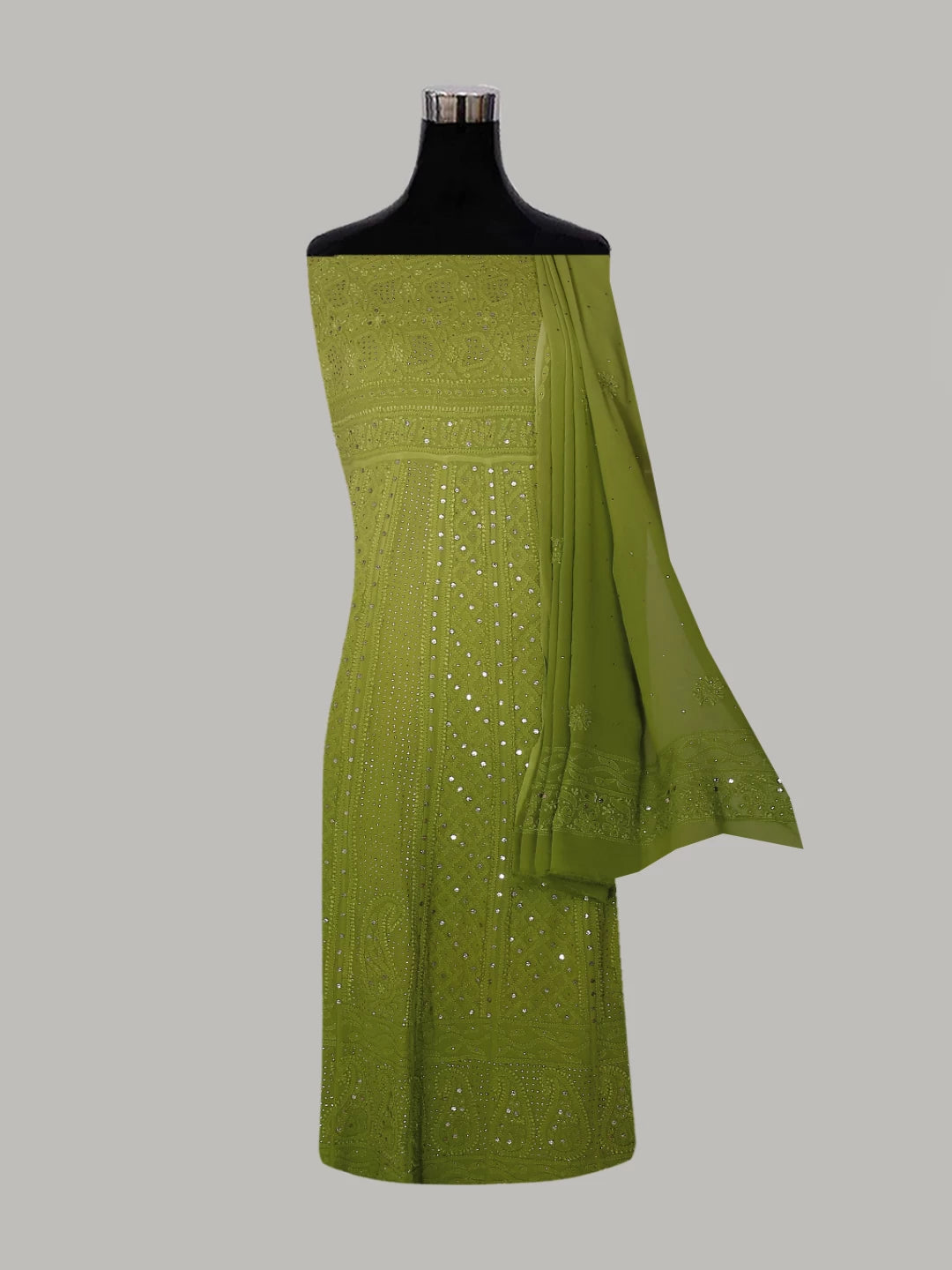Ada Hand Embroidered Green Ombre Shade Georgette Lucknowi Chikankari Semi-Stitched Anarkali Kurta Dupatta Set With Mukaish Work 01A304813
