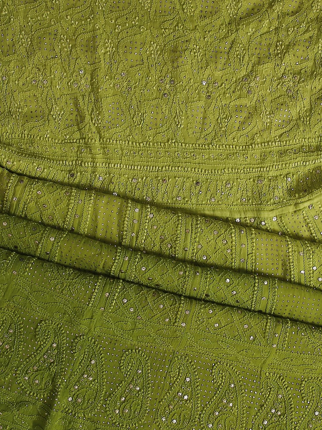Ada Hand Embroidered Green Ombre Shade Georgette Lucknowi Chikankari Semi-Stitched Anarkali Kurta Dupatta Set With Mukaish Work 01A304813