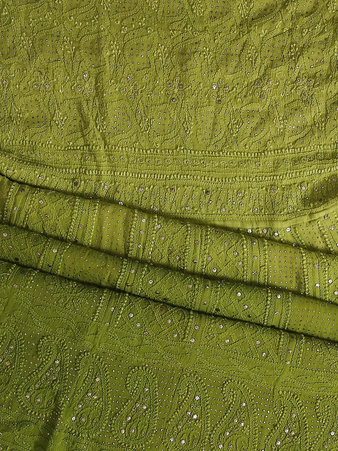 Ada Hand Embroidered Green Ombre Shade Georgette Lucknowi Chikankari Semi-Stitched Anarkali Kurta Dupatta Set With Mukaish Work 01A304813
