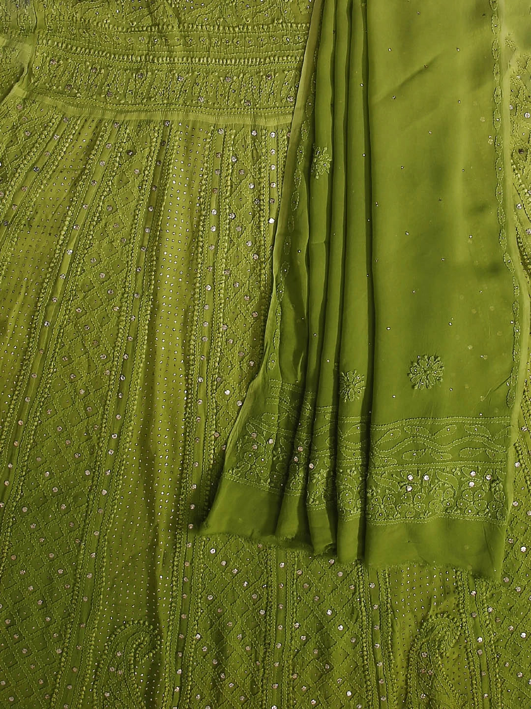 Ada Hand Embroidered Green Ombre Shade Georgette Lucknowi Chikankari Semi-Stitched Anarkali Kurta Dupatta Set With Mukaish Work 01A304813