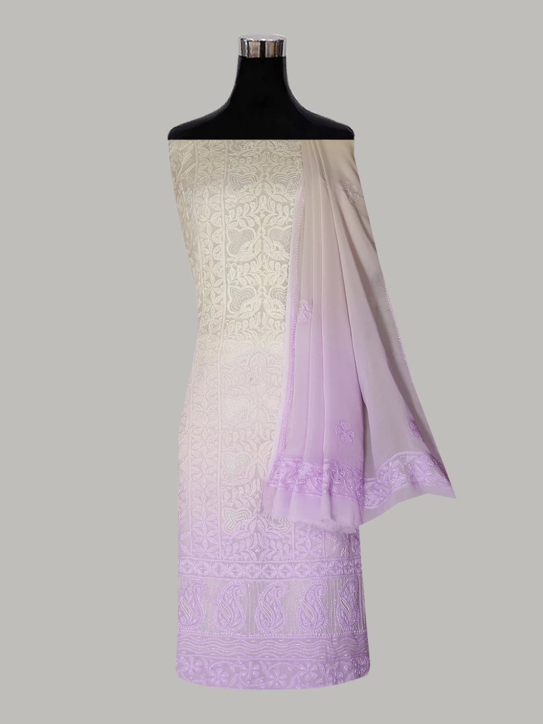 Ada Hand Embroidered Dual shade of Lilac And Lemon Viscose Georgette Lucknowi Chikankari Unstitched Kurta Dupatta Set With Pearl Work 01A405170