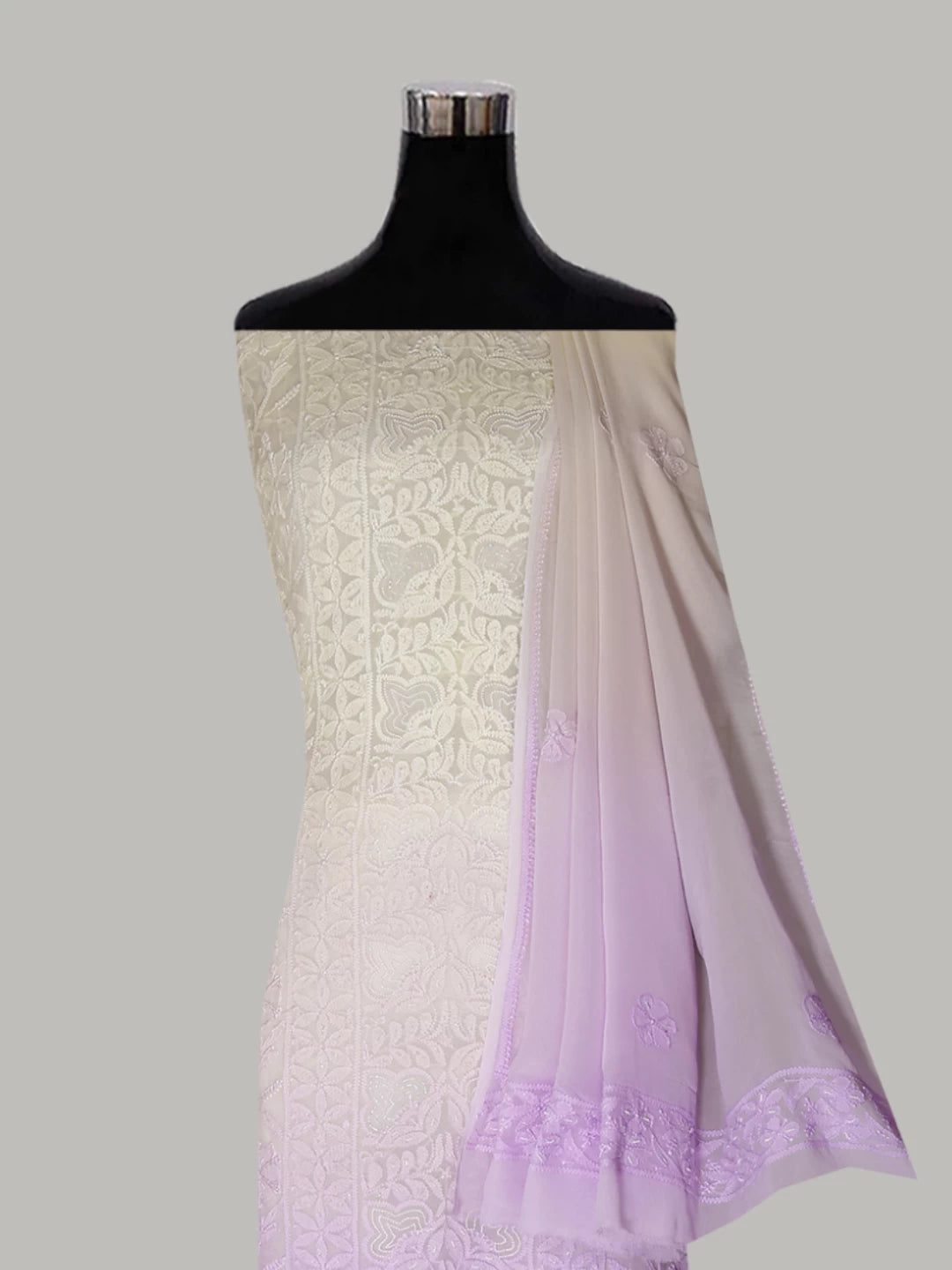 Ada Hand Embroidered Dual shade of Lilac And Lemon Viscose Georgette Lucknowi Chikankari Unstitched Kurta Dupatta Set With Pearl Work 01A405170