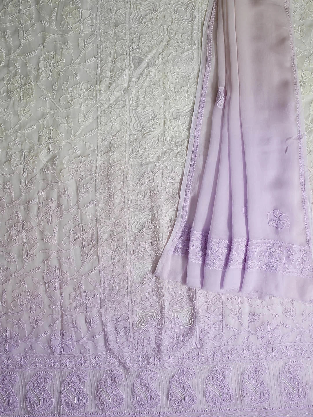 Ada Hand Embroidered Dual shade of Lilac And Lemon Viscose Georgette Lucknowi Chikankari Unstitched Kurta Dupatta Set With Pearl Work 01A405170