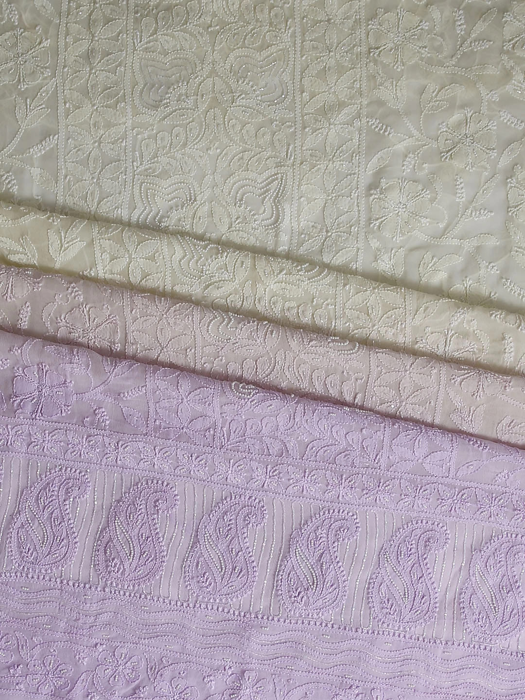 Ada Hand Embroidered Dual shade of Lilac And Lemon Viscose Georgette Lucknowi Chikankari Unstitched Kurta Dupatta Set With Pearl Work 01A405170
