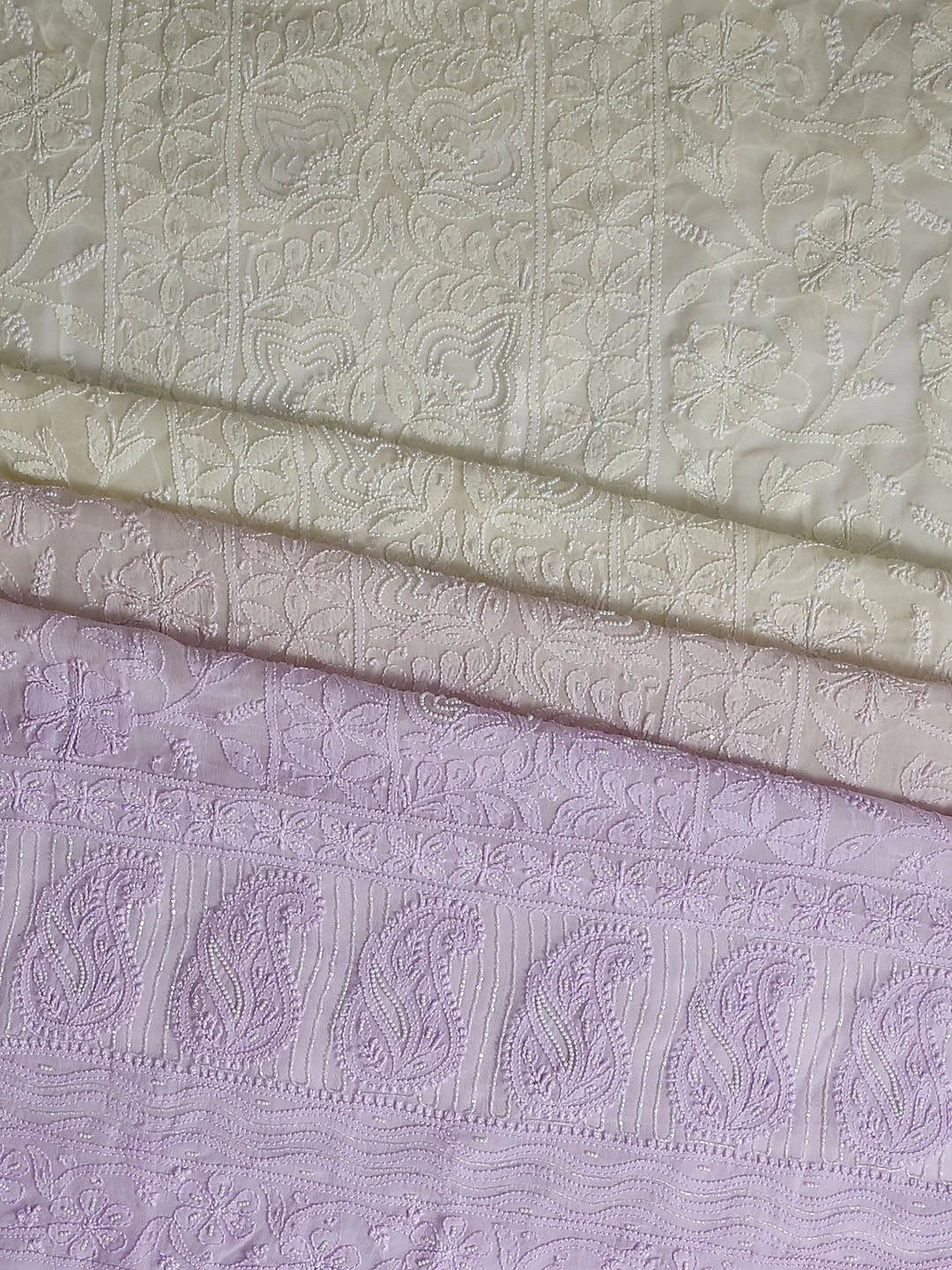 Ada Hand Embroidered Dual shade of Lilac And Lemon Viscose Georgette Lucknowi Chikankari Unstitched Kurta Dupatta Set With Pearl Work 01A405170