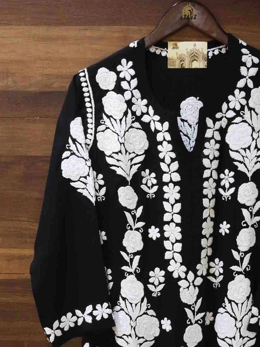 Ada Hand Embroidered Black Modal Lucknowi Chikankari Straight Kurta A411509