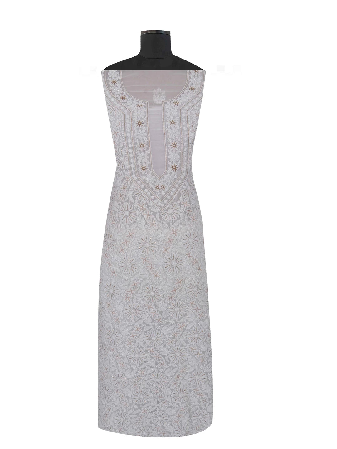 Ada Hand Embroidered Off-White Georgette Lucknowi Chikankari Unstitched Suit Piece With Zari Work A499076
