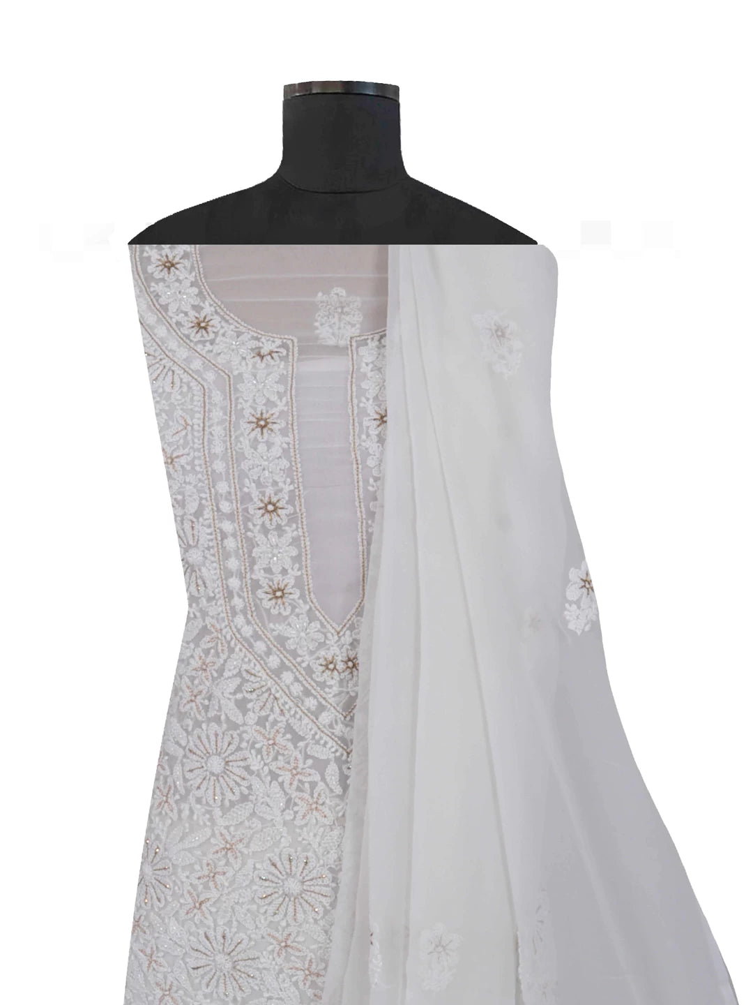 Ada Hand Embroidered Off-White Georgette Lucknowi Chikankari Unstitched Suit Piece With Zari Work A499076