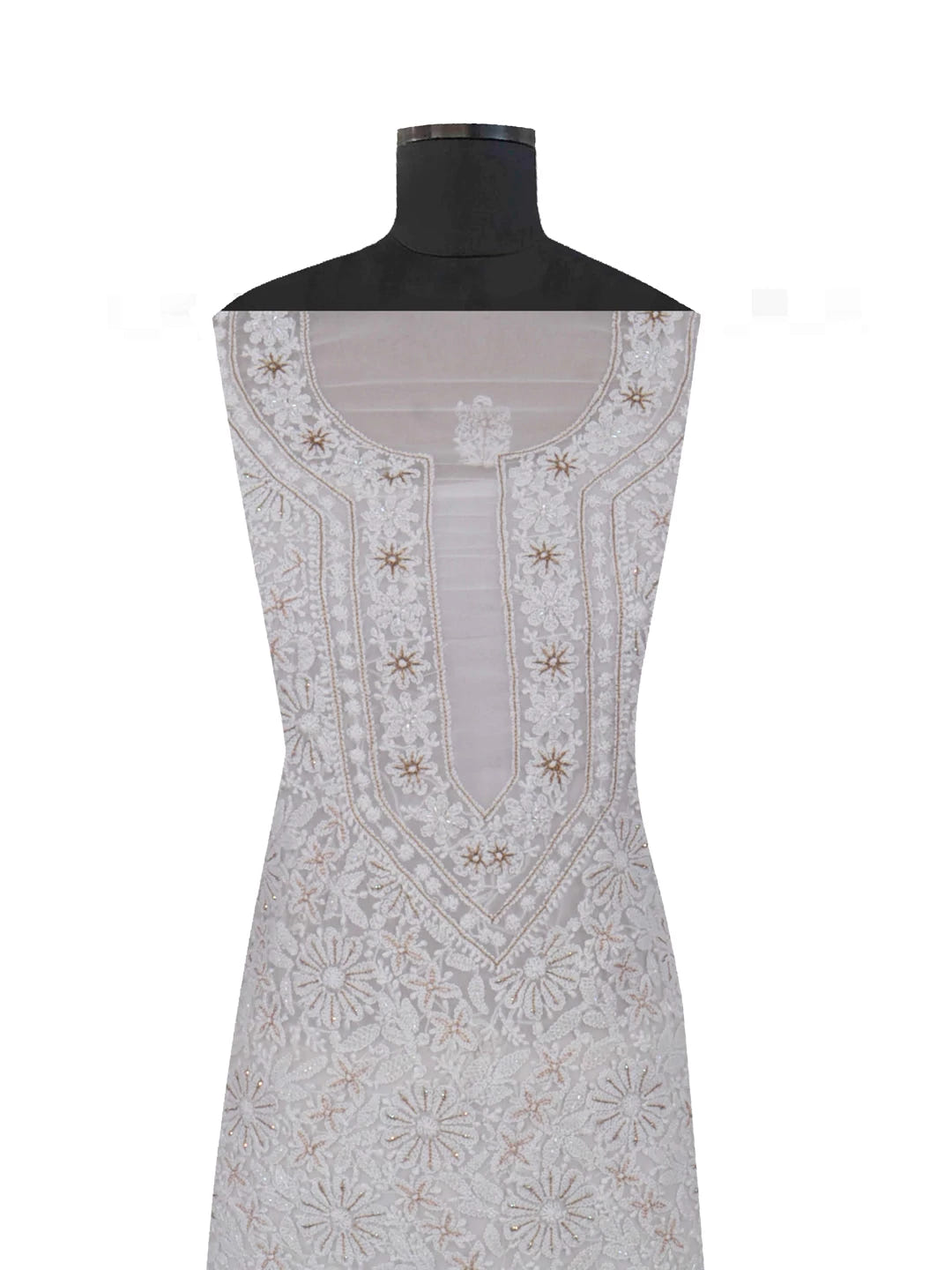 Ada Hand Embroidered Off-White Georgette Lucknowi Chikankari Unstitched Suit Piece With Zari Work A499076