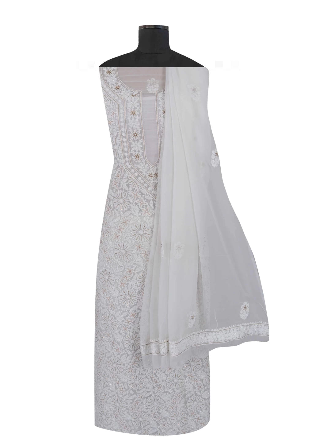 Ada Hand Embroidered Off-White Georgette Lucknowi Chikankari Unstitched Suit Piece With Zari Work A499076