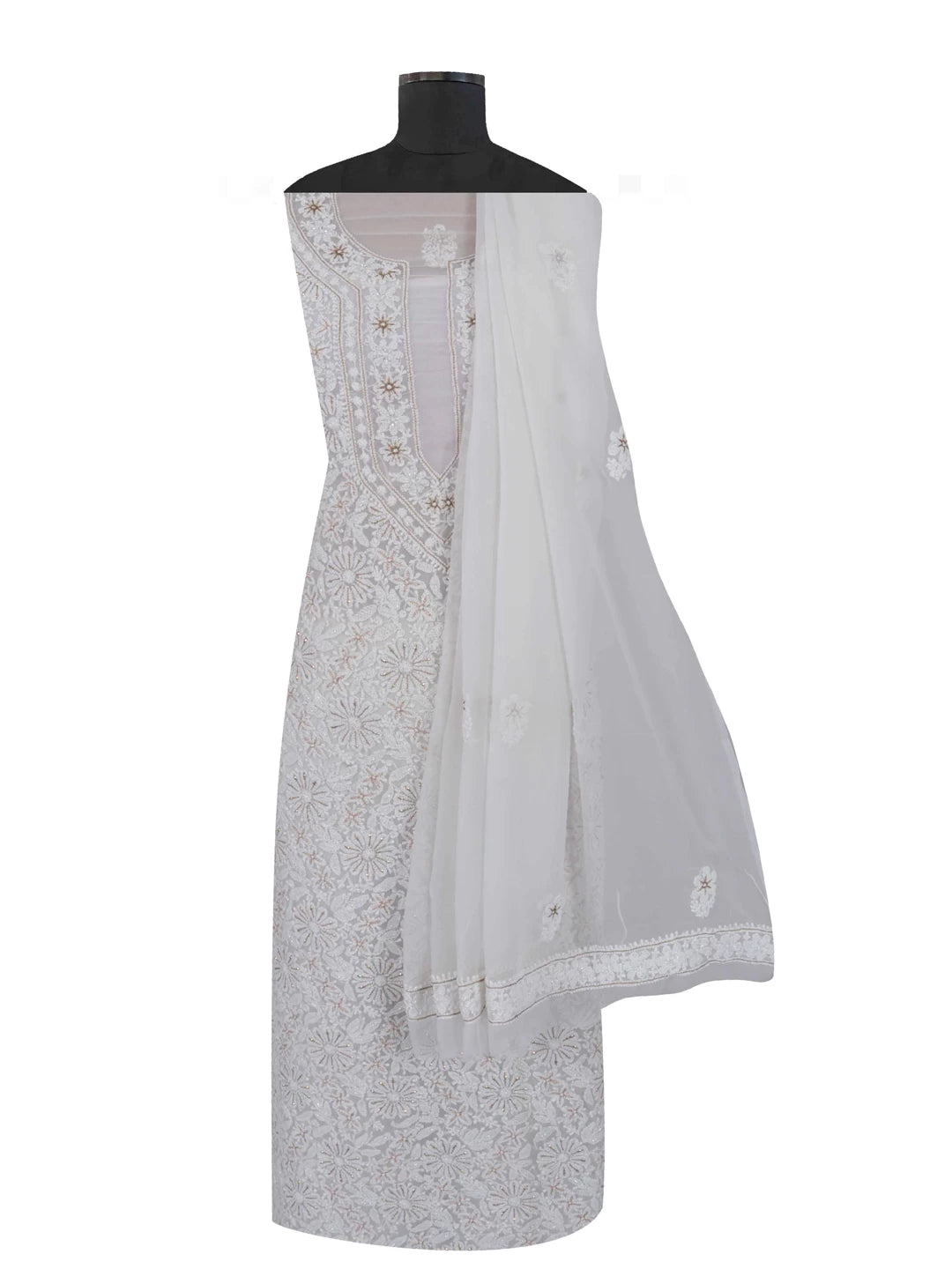 Ada Hand Embroidered Off-White Georgette Lucknowi Chikankari Unstitched Suit Piece With Zari Work A499076