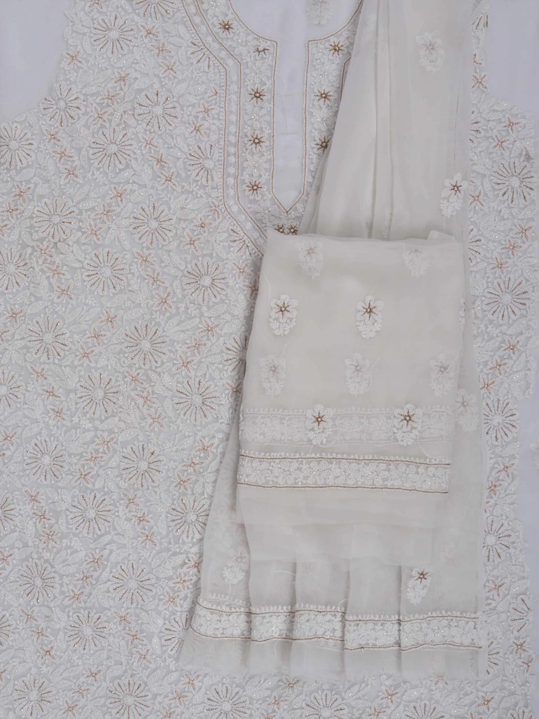 Ada Hand Embroidered Off-White Georgette Lucknowi Chikankari Unstitched Suit Piece With Zari Work A499076