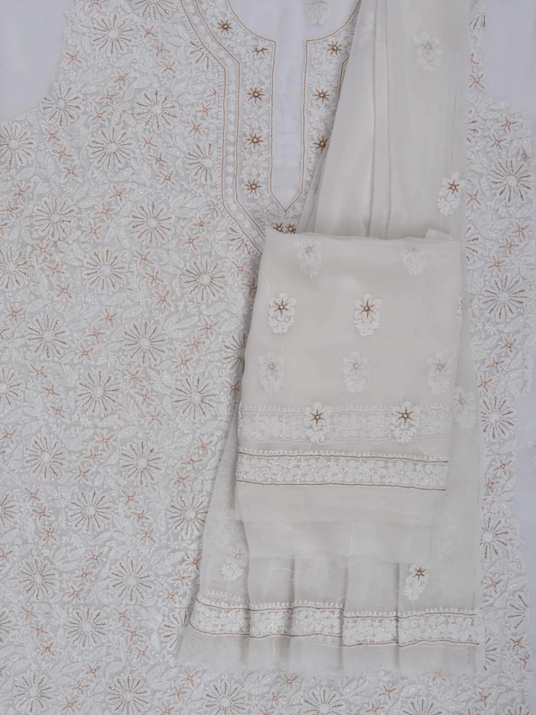 Ada Hand Embroidered Off-White Georgette Lucknowi Chikankari Unstitched Suit Piece With Zari Work A499076
