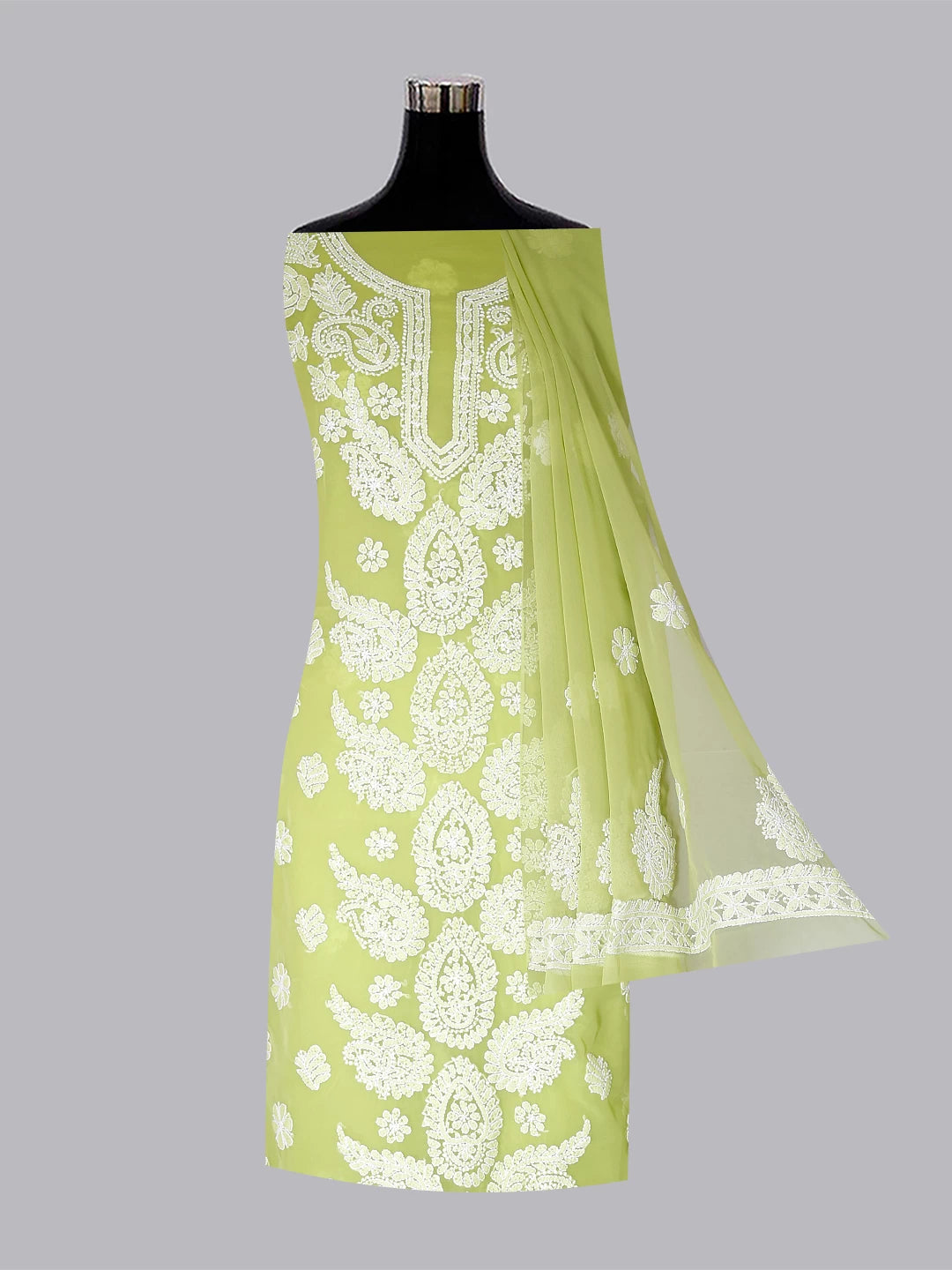 Ada Hand Embroidered Green Georgette Lucknowi Chikankari Unstitched Suit Piece A211310