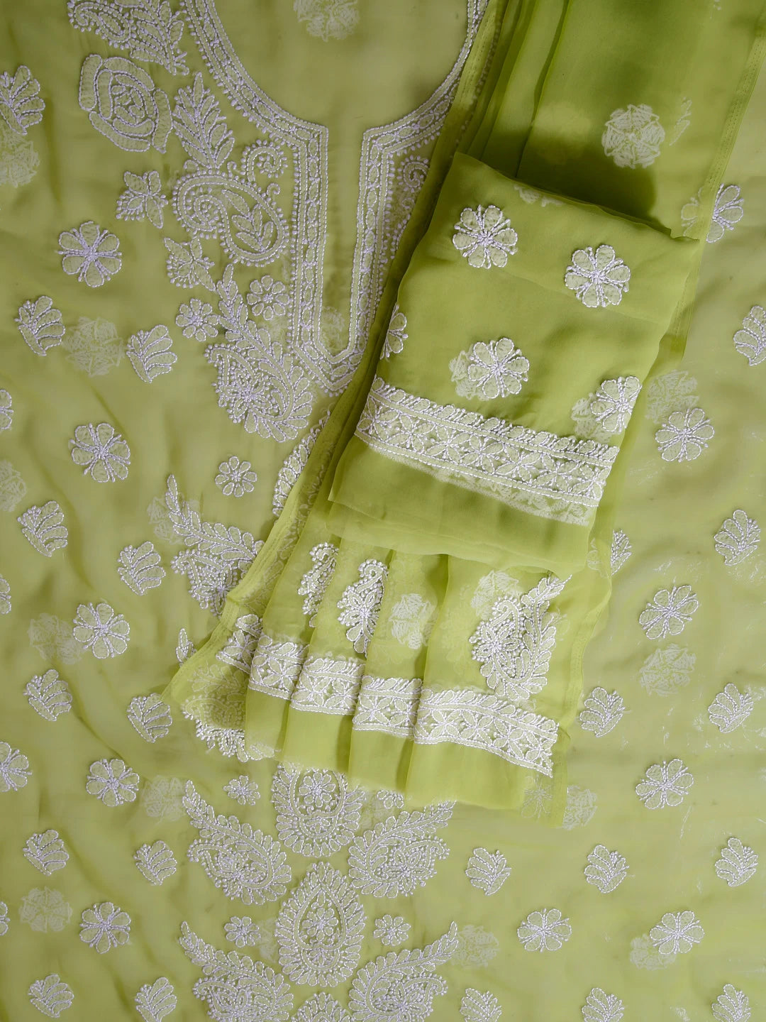 Ada Hand Embroidered Green Georgette Lucknowi Chikankari Unstitched Suit Piece A211310