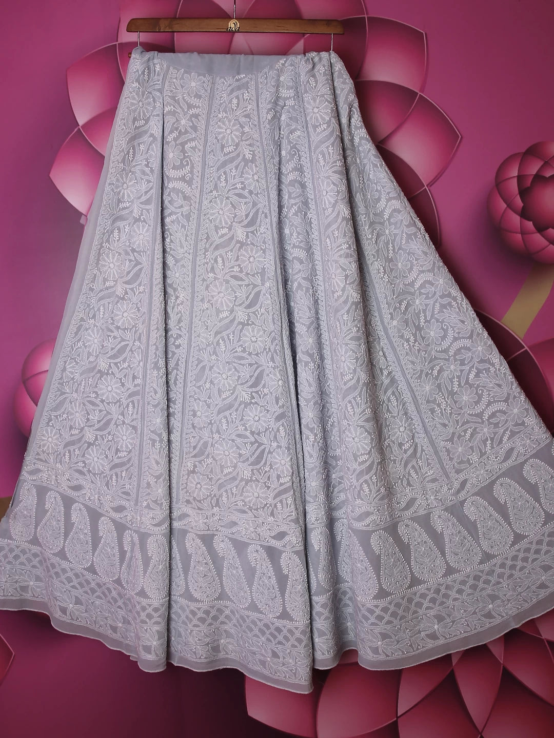 Ada Hand Embroidered Fossil Grey Pure Georgette Lucknowi Chikankari Lehenga Skirt A484672