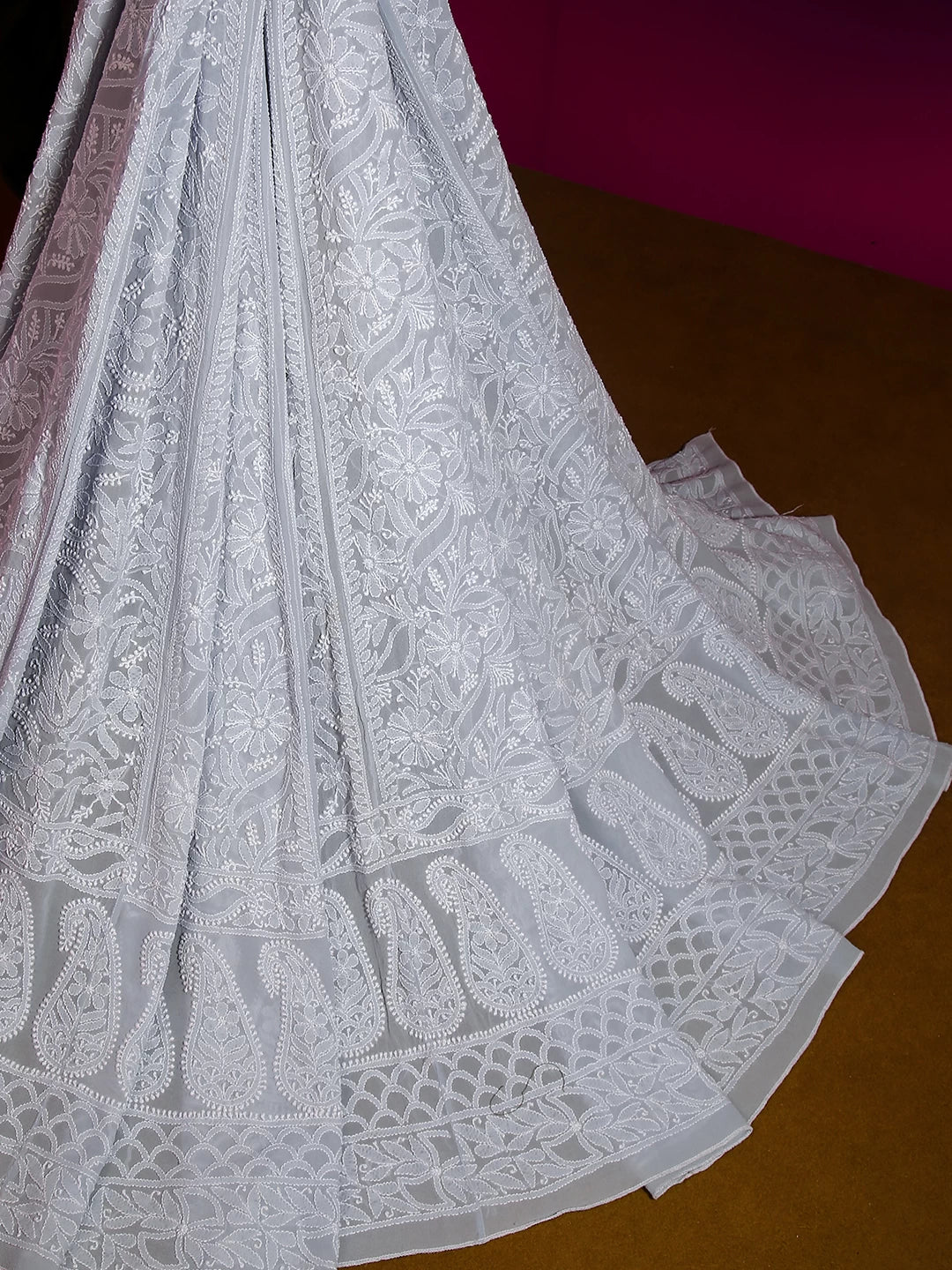 Ada Hand Embroidered Fossil Grey Pure Georgette Lucknowi Chikankari Lehenga Skirt A484672