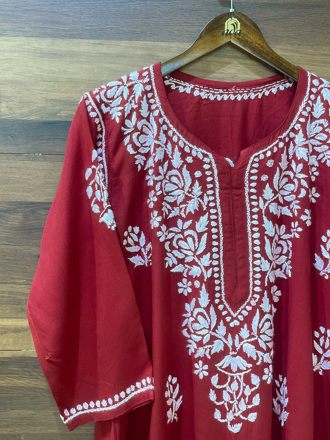 Ada Hand Embroidered Maroon Rayon Lucknowi Chikankari Straight Kurta A411519