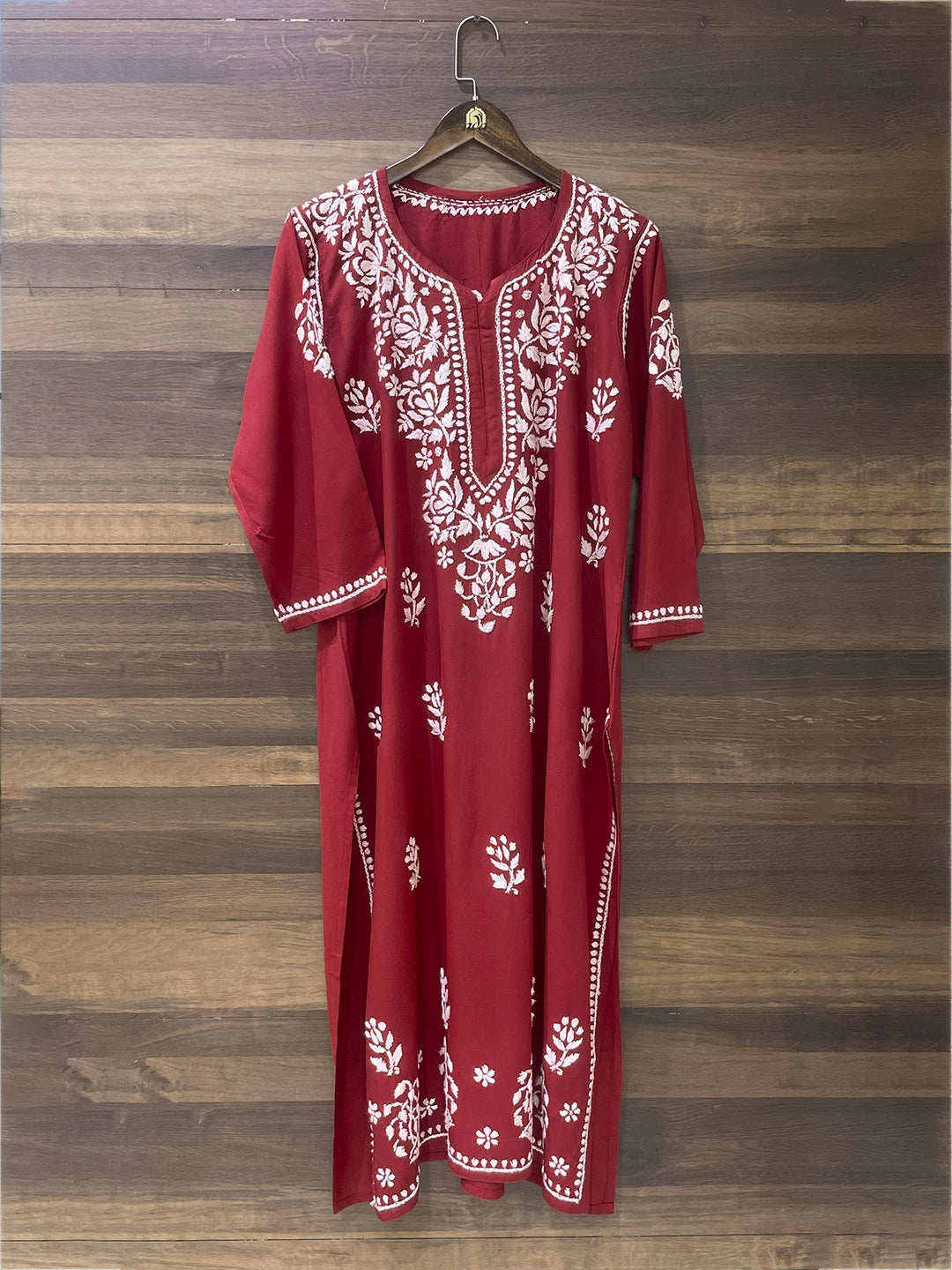 Ada Hand Embroidered Maroon Rayon Lucknowi Chikankari Straight Kurta A411519