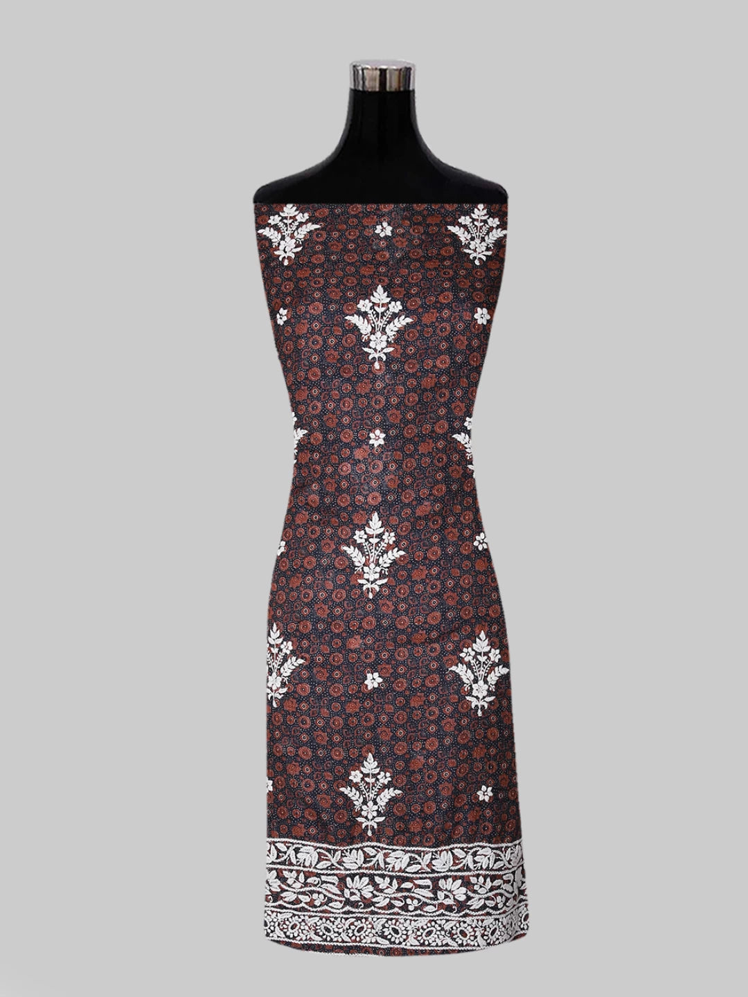 Ada Hand Embroidered Midnight Blue Floral Printed Kota Silk Lucknowi Chikankari Unstitched Kurta Piece 01A409949