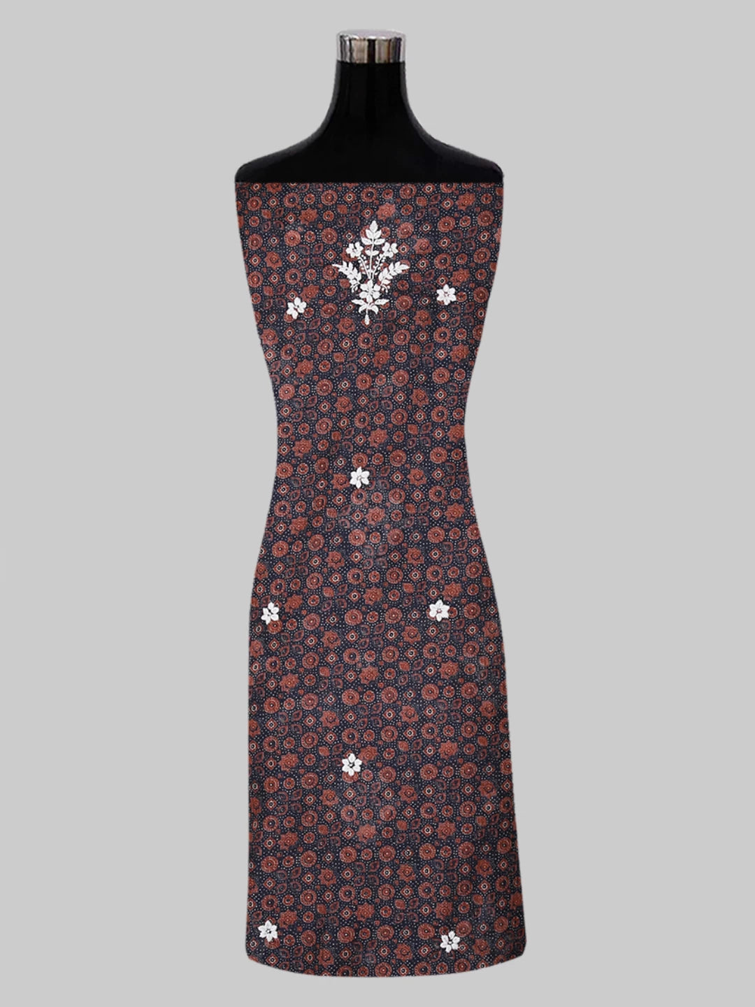 Ada Hand Embroidered Midnight Blue Floral Printed Kota Silk Lucknowi Chikankari Unstitched Kurta Piece 01A409949