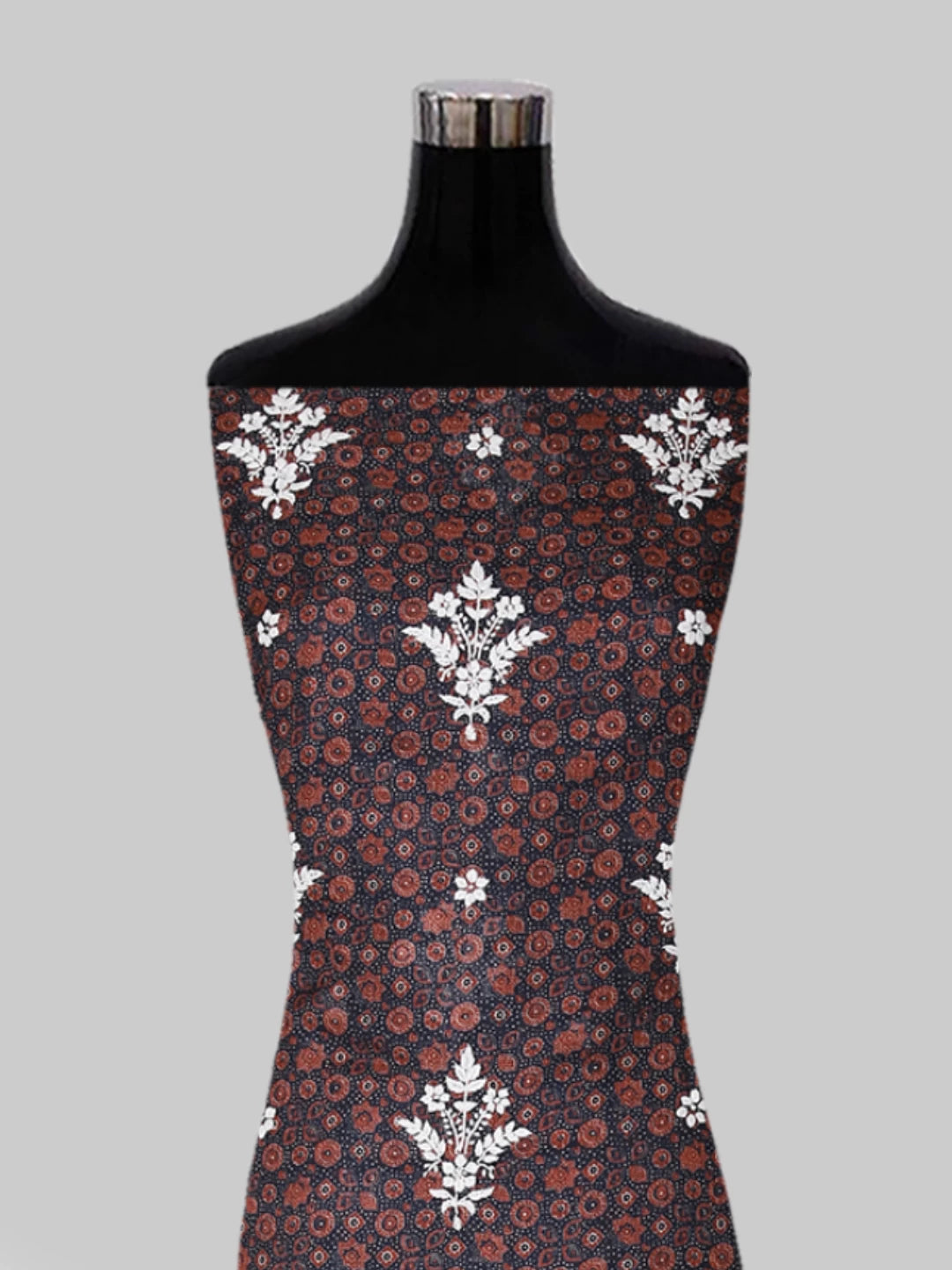 Ada Hand Embroidered Midnight Blue Floral Printed Kota Silk Lucknowi Chikankari Unstitched Kurta Piece 01A409949