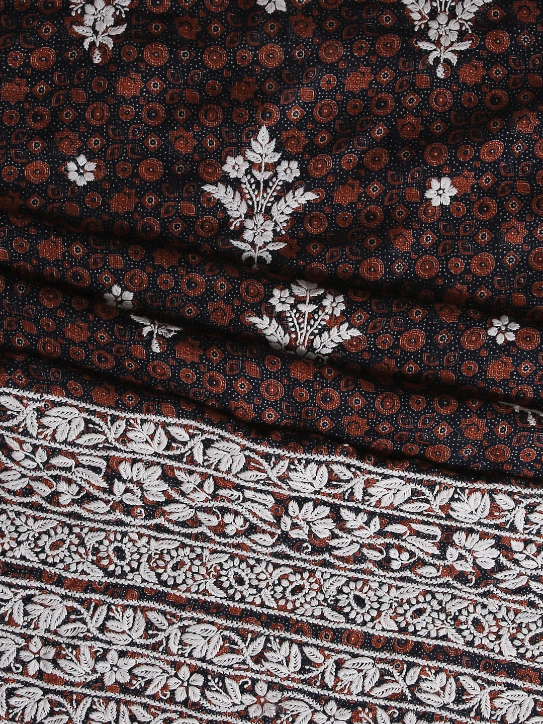 Ada Hand Embroidered Midnight Blue Floral Printed Kota Silk Lucknowi Chikankari Unstitched Kurta Piece 01A409949