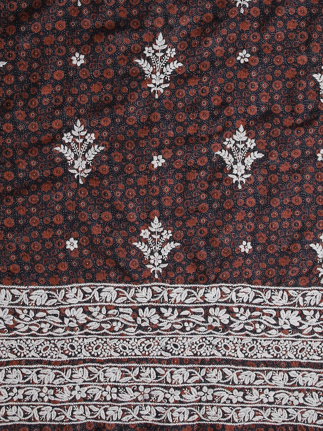 Ada Hand Embroidered Midnight Blue Floral Printed Kota Silk Lucknowi Chikankari Unstitched Kurta Piece 01A409949