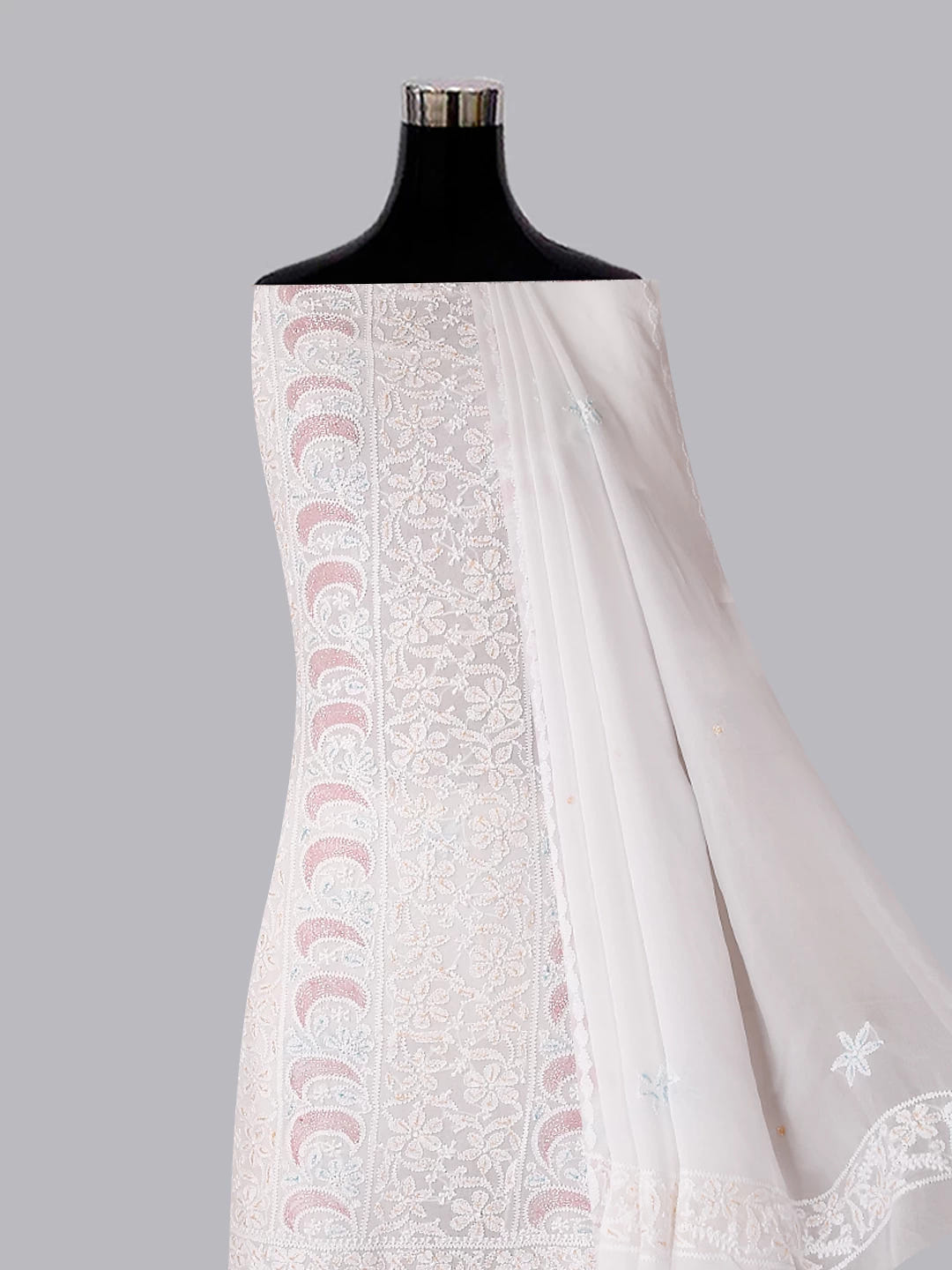 Ada Hand Embroidered White Viscose Georgette Lucknowi Chikankari Unstitched Kurta Dupatta Set With Cutdana Work 01A388162
