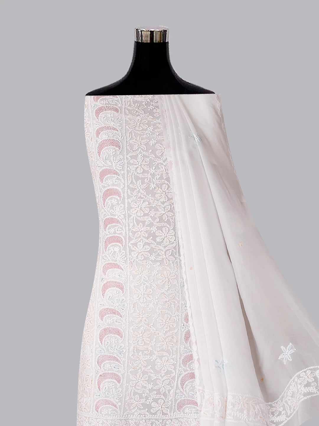 Ada Hand Embroidered White Viscose Georgette Lucknowi Chikankari Unstitched Kurta Dupatta Set With Cutdana Work 01A388162
