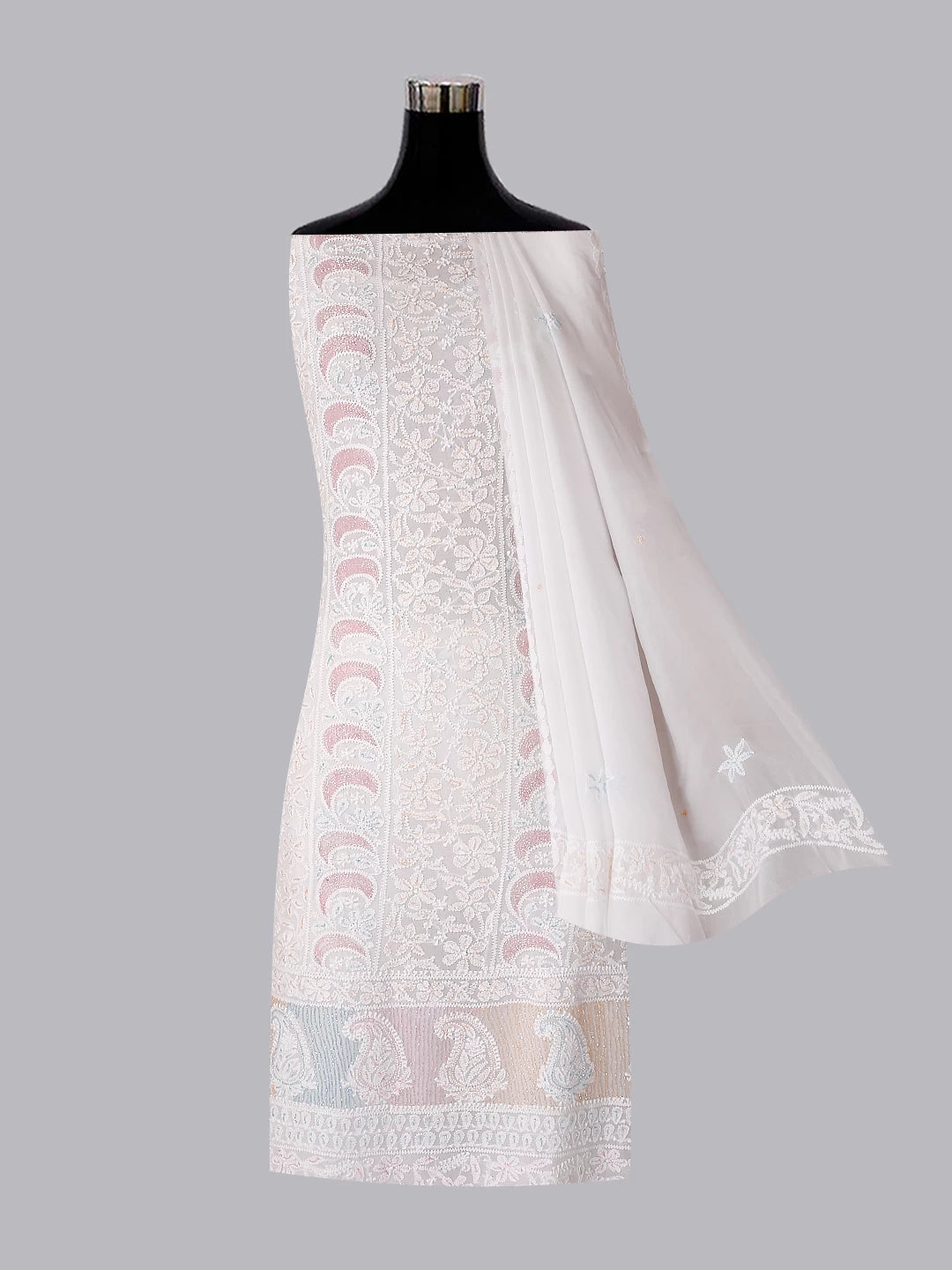 Ada Hand Embroidered White Viscose Georgette Lucknowi Chikankari Unstitched Kurta Dupatta Set With Cutdana Work 01A388162