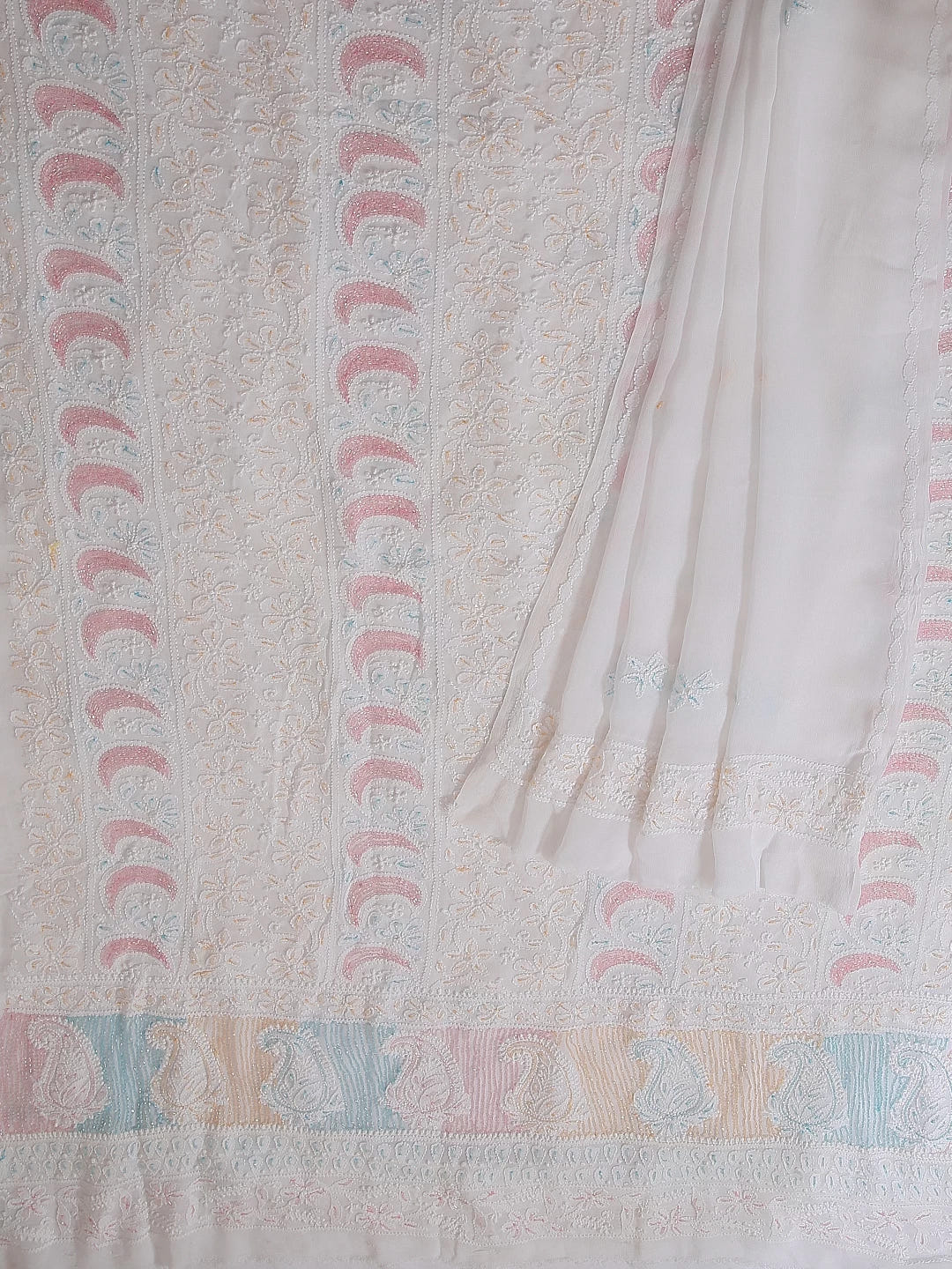 Ada Hand Embroidered White Viscose Georgette Lucknowi Chikankari Unstitched Kurta Dupatta Set With Cutdana Work 01A388162