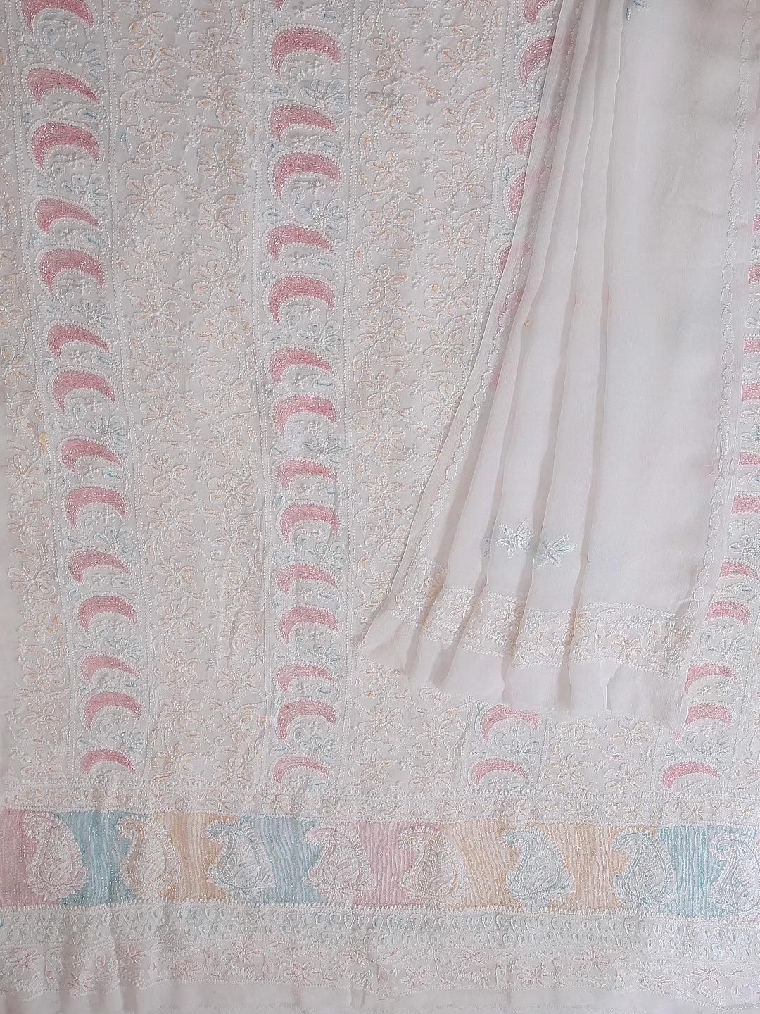 Ada Hand Embroidered White Viscose Georgette Lucknowi Chikankari Unstitched Kurta Dupatta Set With Cutdana Work 01A388162