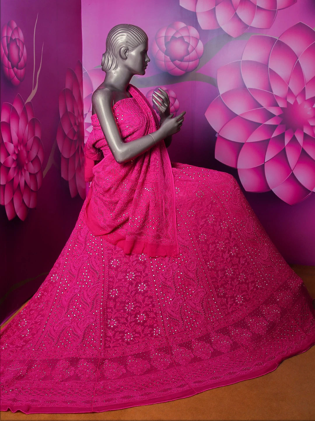 Ada Hand Embroidered Hot Pink Viscose Georgette Lucknowi Chikankari Lehenga Set With Muqaish Work 01A413378