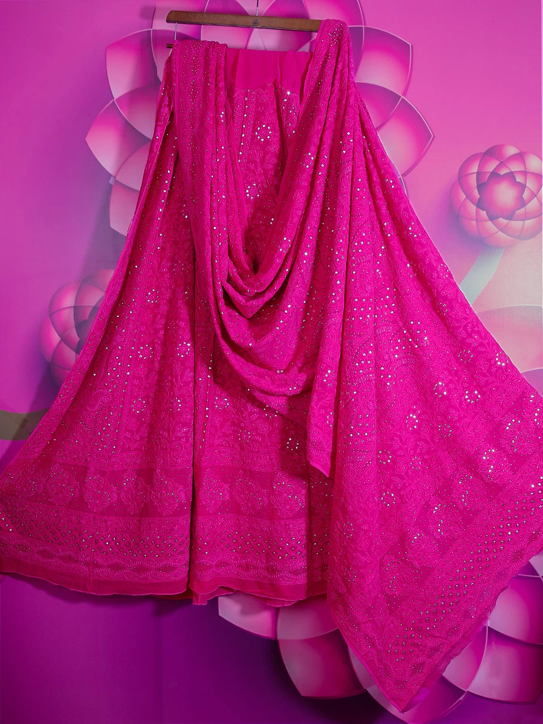 Ada Hand Embroidered Hot Pink Viscose Georgette Lucknowi Chikankari Lehenga Set With Muqaish Work 01A413378