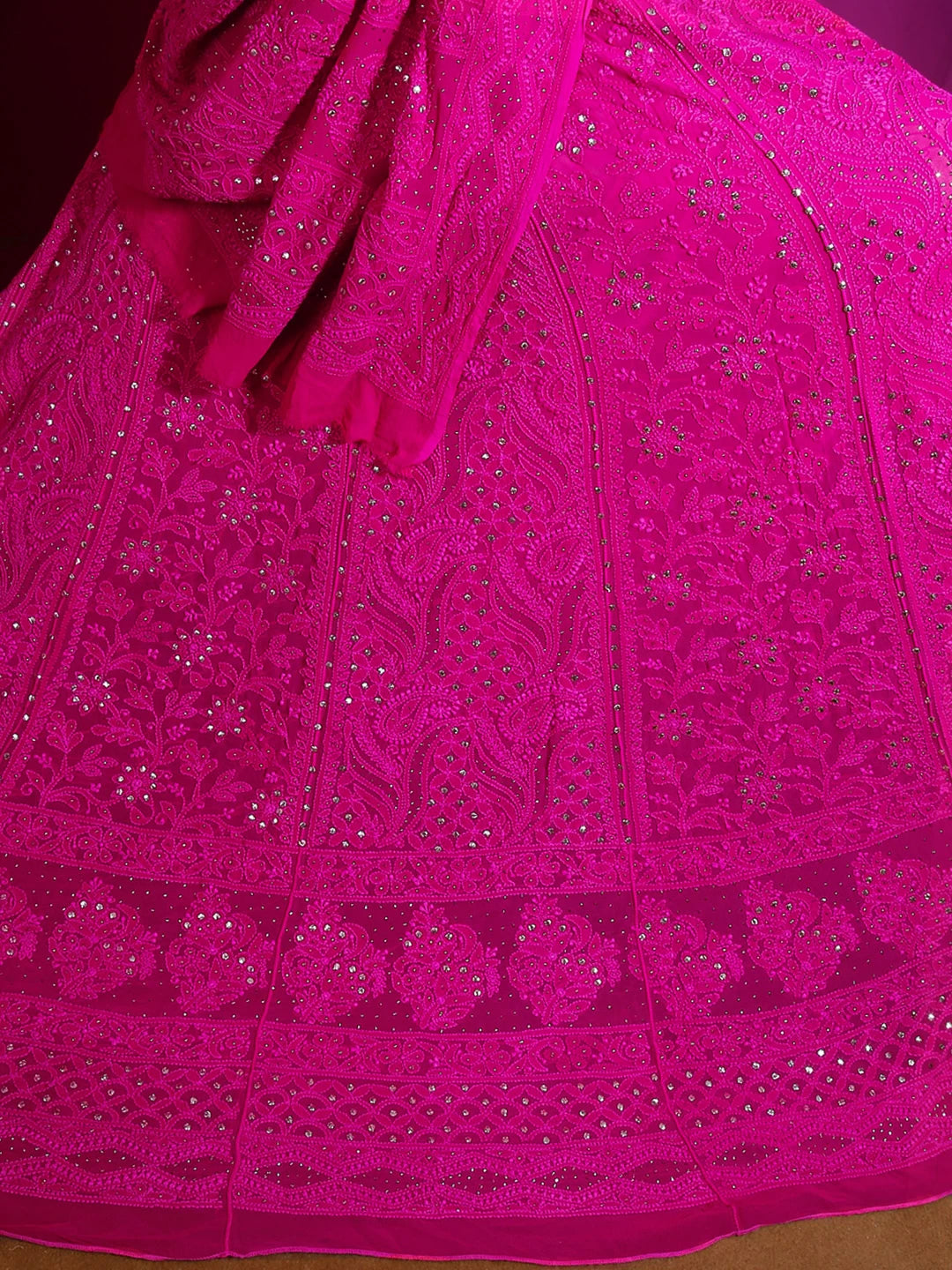 Ada Hand Embroidered Hot Pink Viscose Georgette Lucknowi Chikankari Lehenga Set With Muqaish Work 01A413378