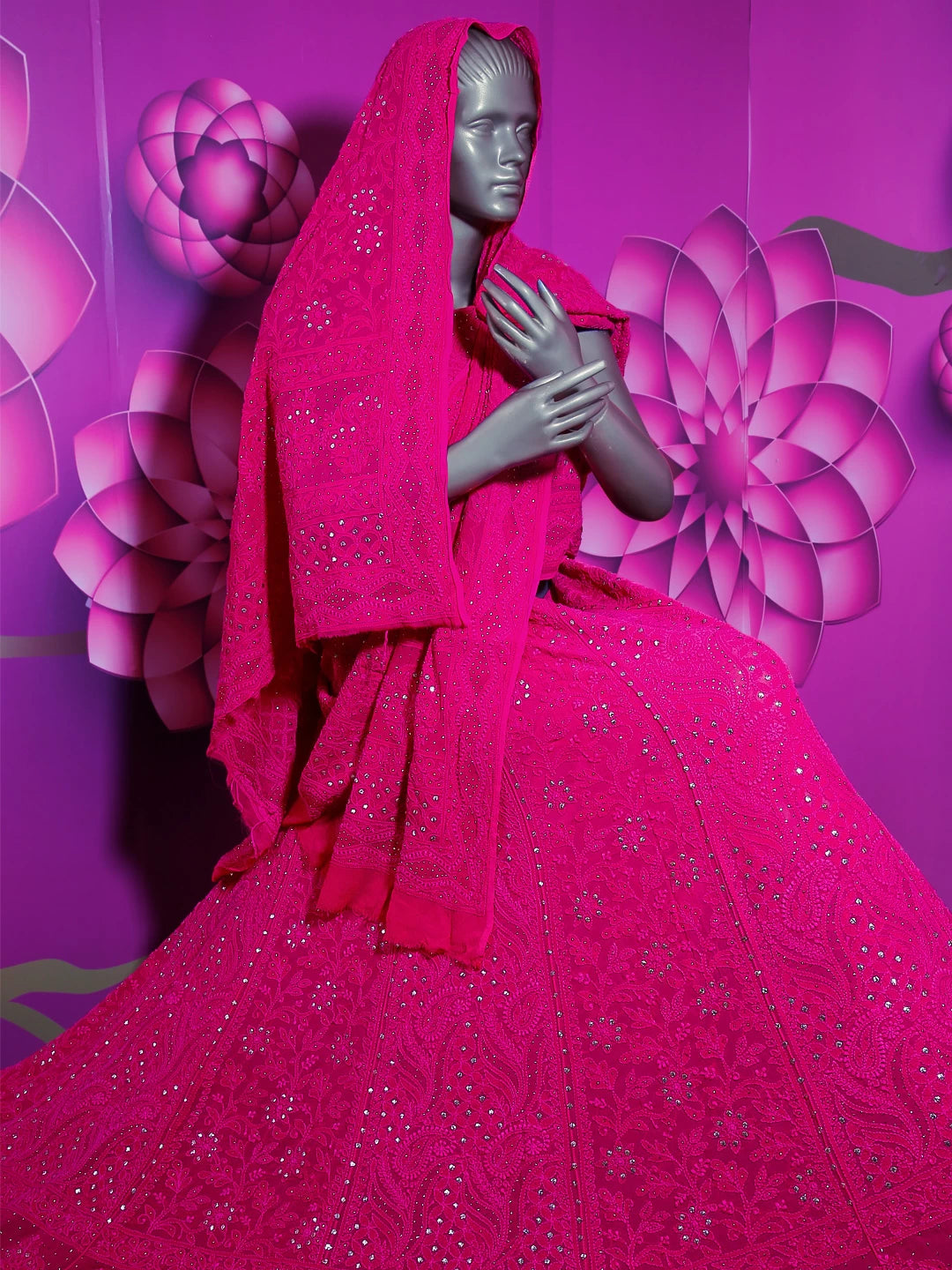 Ada Hand Embroidered Hot Pink Viscose Georgette Lucknowi Chikankari Lehenga Set With Muqaish Work 01A413378
