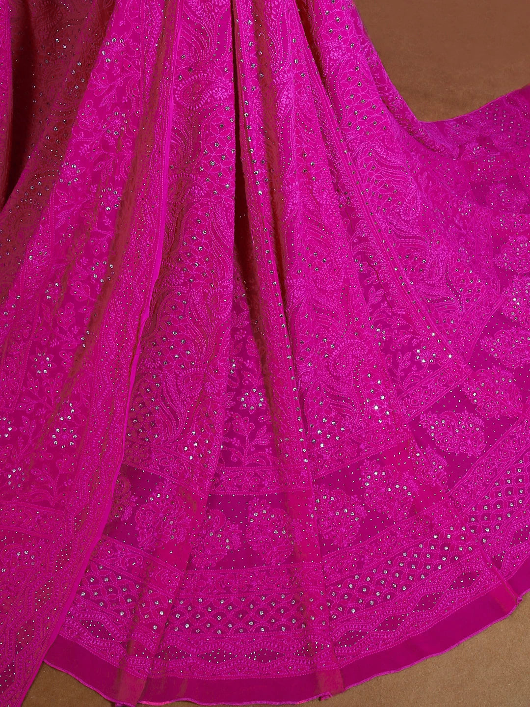 Ada Hand Embroidered Hot Pink Viscose Georgette Lucknowi Chikankari Lehenga Set With Muqaish Work 01A413378