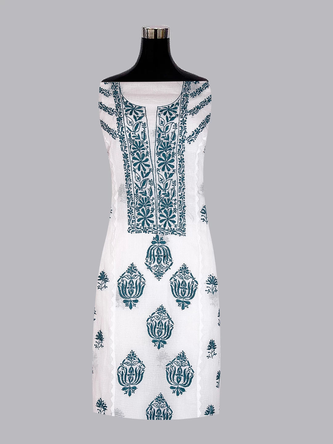 Ada Hand Embroidered White Kota Cotton Lucknowi Chikankari Semi Stitched Kurta Dupatta Set With Mukaish Work 01A399933