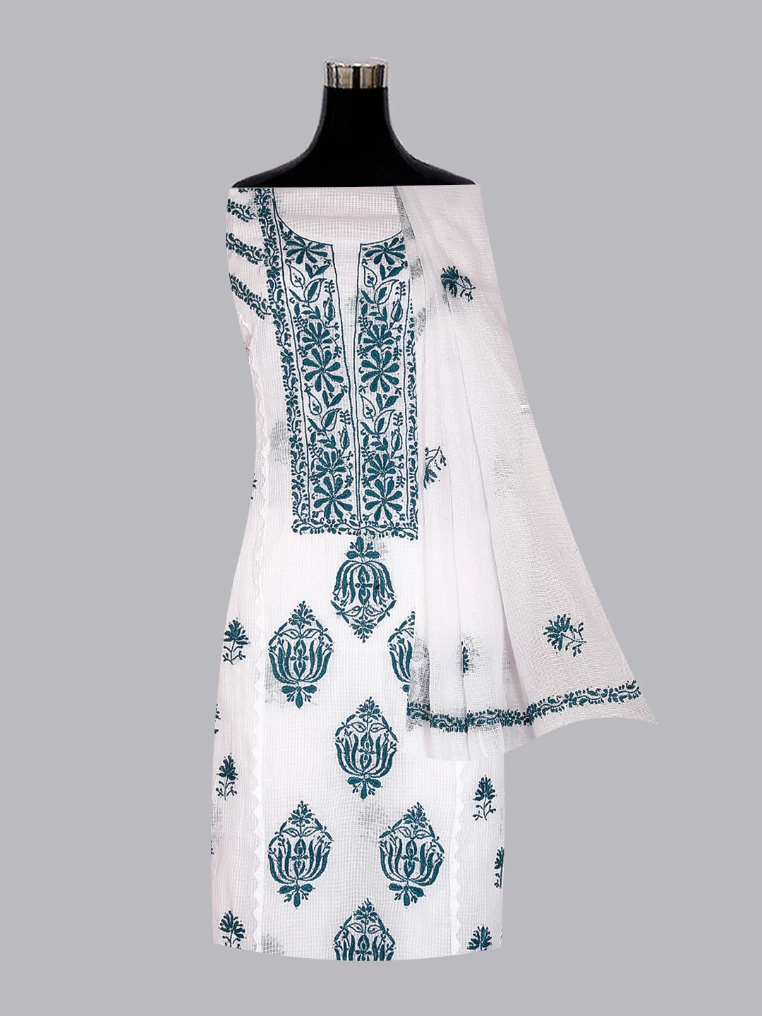 Ada Hand Embroidered White Kota Cotton Lucknowi Chikankari Semi Stitched Kurta Dupatta Set With Mukaish Work 01A399933