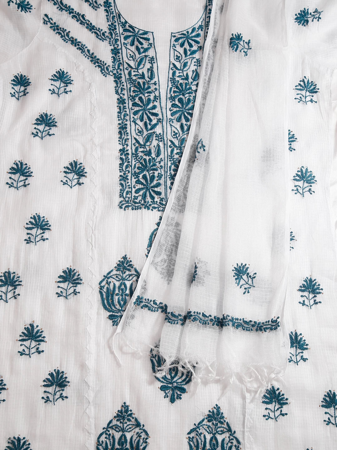 Ada Hand Embroidered White Kota Cotton Lucknowi Chikankari Semi Stitched Kurta Dupatta Set With Mukaish Work 01A399933